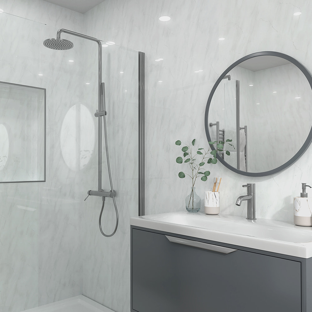 lightning shower panel installed in a bathroom with a shower